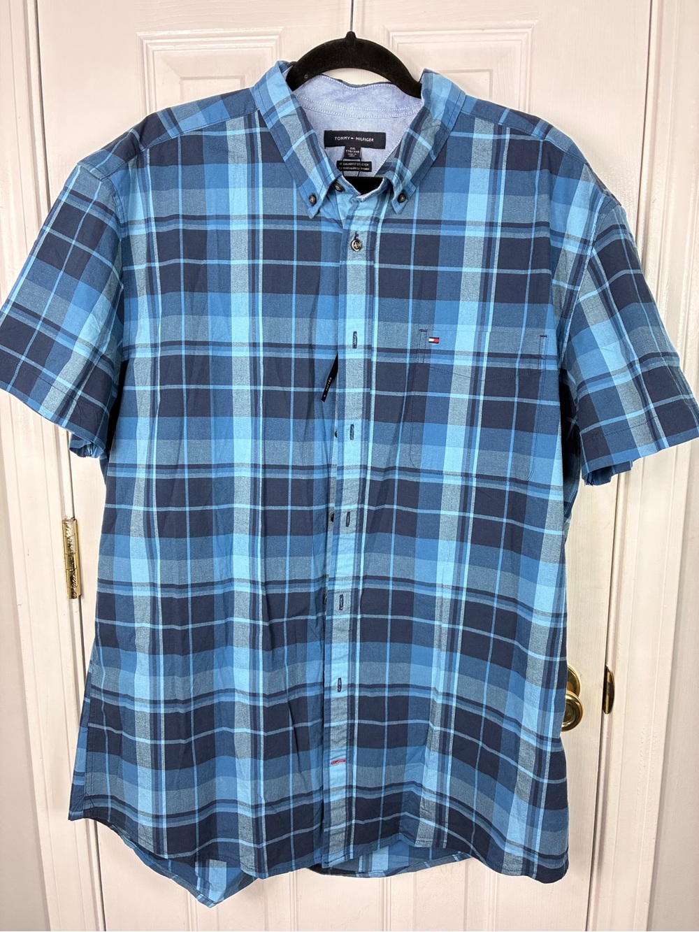 Tommy Hilfiger Light Blue and Navy Plaid Short-Sleeve Button-Down Shirt XXL